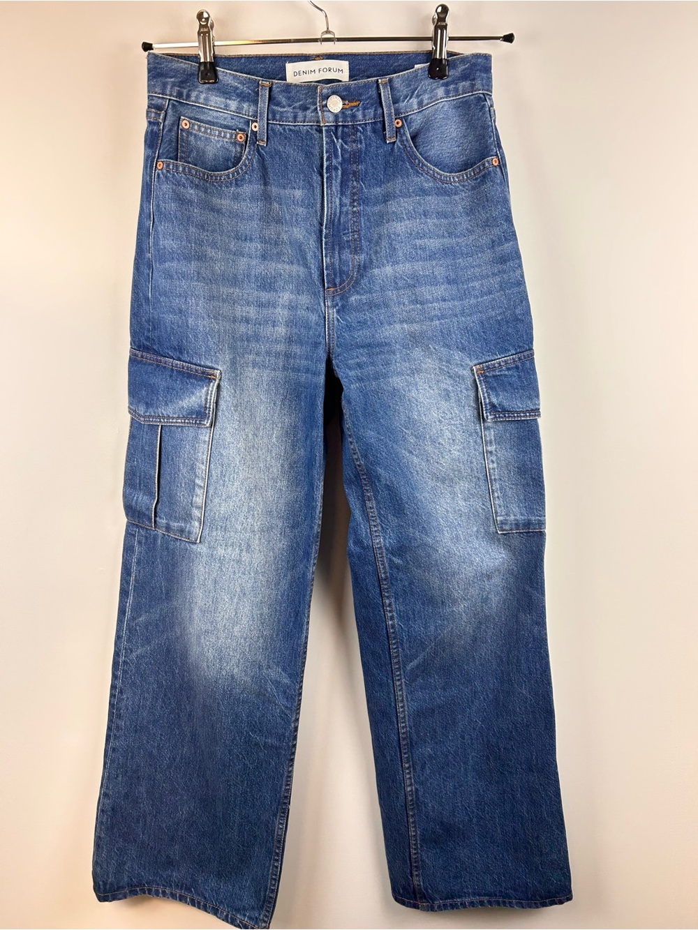 Denim Forum The Farrah Hi-Rise Wide Cargo Jeans Medium Wash Size 28
